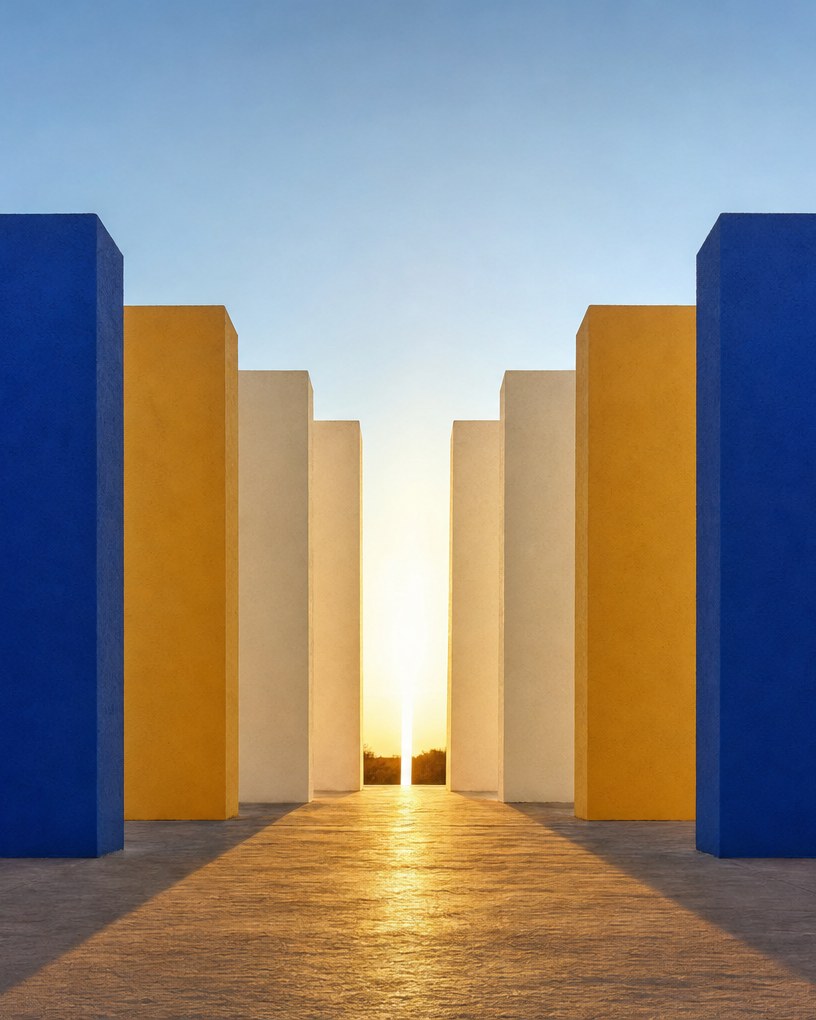 Corredor de muros de colores a cielo abierto, con una ranura de luz al centro.